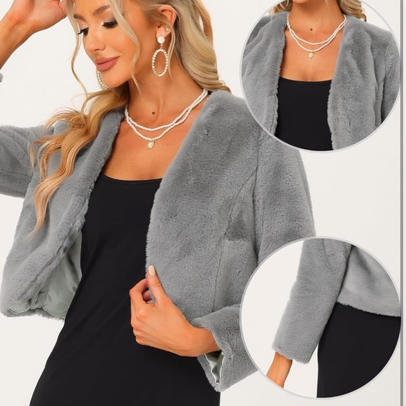 Allegra K grey Cropped Faux Fur Jacket - Picture 2 of 8